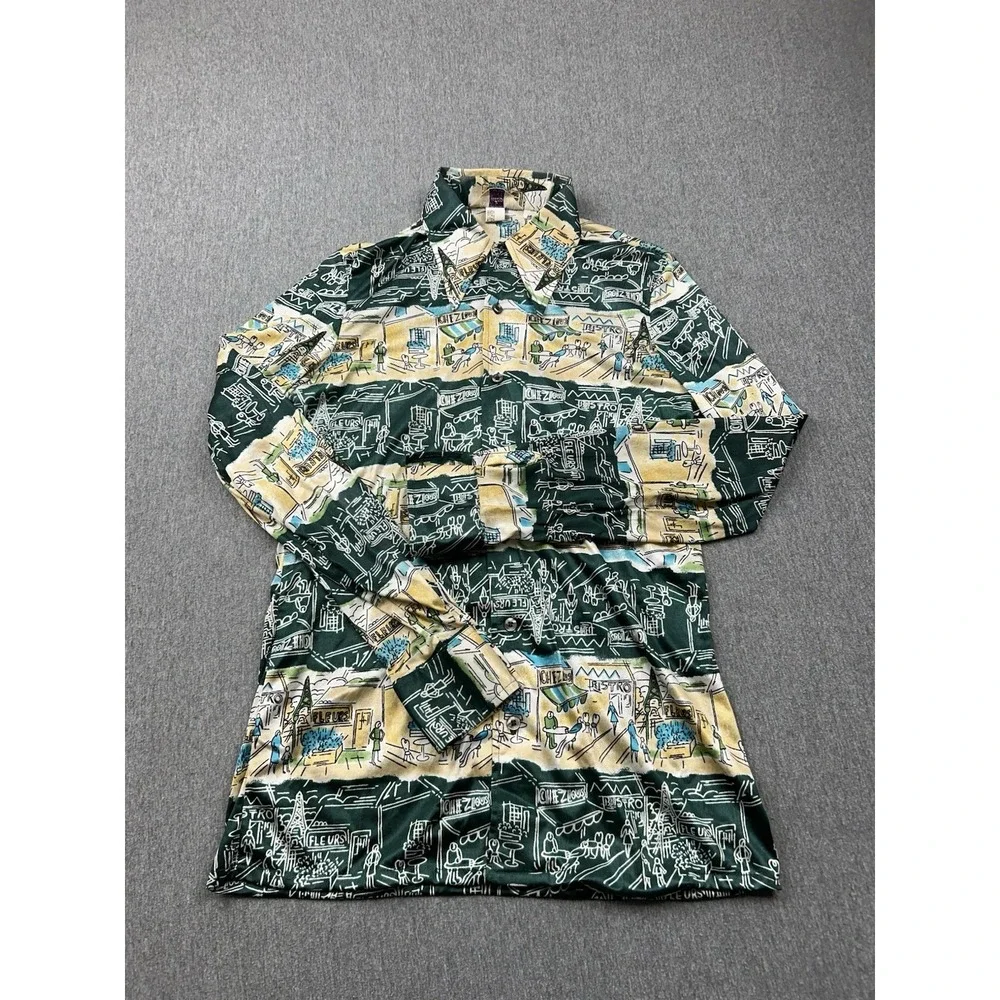 Vintage Hutspah Button Up Shirt Mens Medium Green Yellow French Bistro Nylon